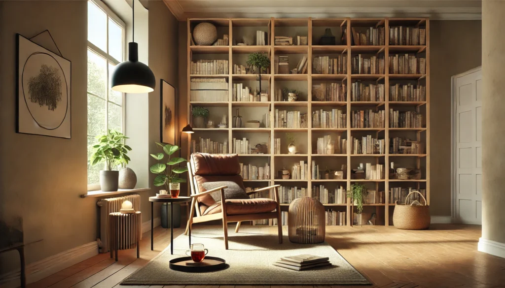 Ledersessel vor hohem Bücherregal am Fenster in gemütlichem Wohnzimmer