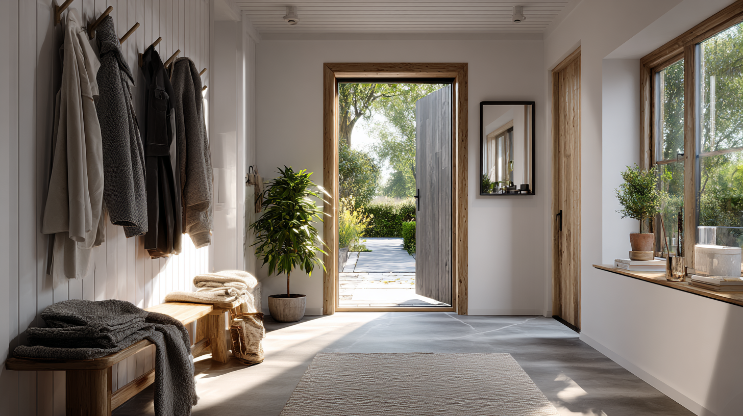 Flur mit minimalistischer Wandhakenleiste aus Pilzmyzel, Jacke, Schal und Pflanze