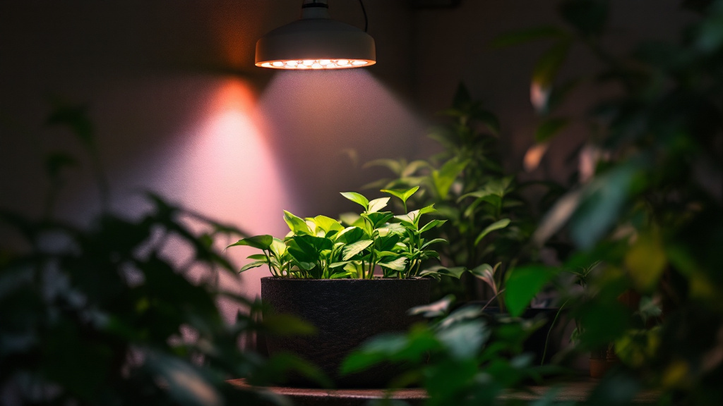 LED-Grow-Light beleuchtet eine Monstera in einer dunklen Wohnzimmerecke, Nahaufnahme mit grünen Blättern und warmweißem Licht