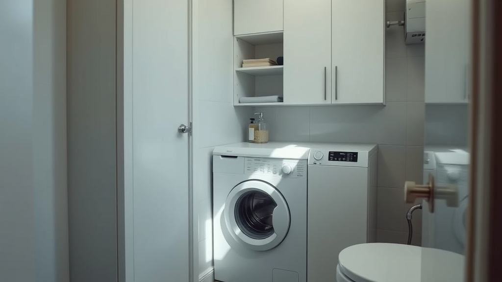 Kleines Badezimmer in einer Mietwohnung mit Slim Waschmaschine, hellem Stauraum und klarer Planung für Waschmaschine im kleinen Bad.
