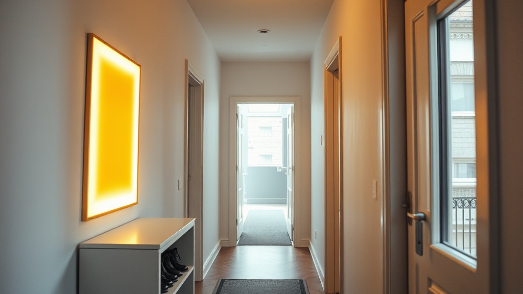 Schmaler Altbauflur mit heller Wandfarbe, flachem Schuhschrank, Spiegel und warmem LED-Licht als Beispiel für Flur einrichten.