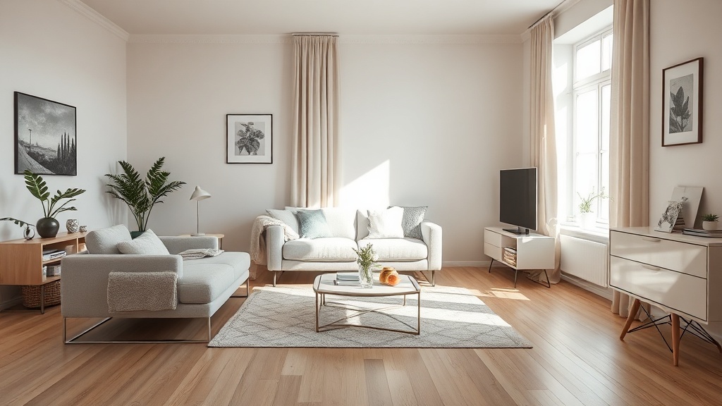 Helles Wohnzimmer in einer Mietwohnung mit skandinavischem Stil, beigem Klickvinyl Boden und schlichten Möbeln als Bodenbelag Vergleich.
