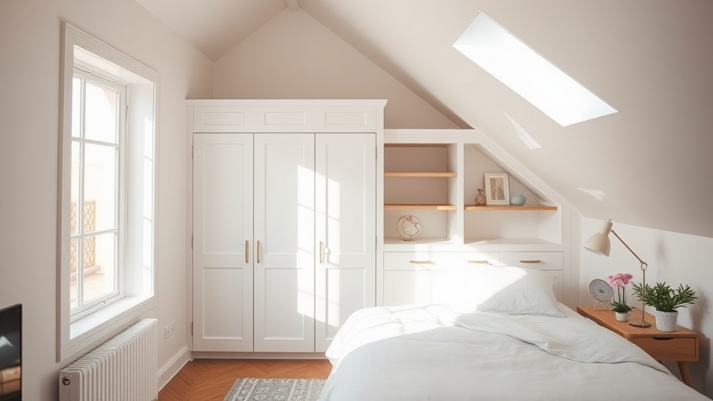 Heller Einbauschrank unter Dachschräge mit weißen Fronten, offenen Eichenfächern und Stauraum im kleinen Schlafzimmer