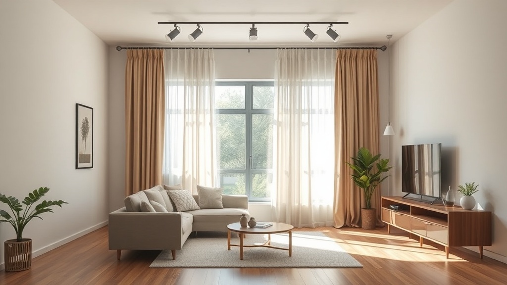 Helles Wohnzimmer mit beigen Vorhängen an Deckenschiene, bodenlangen Gardinen und ruhiger Fensterdekoration im modernen Stil