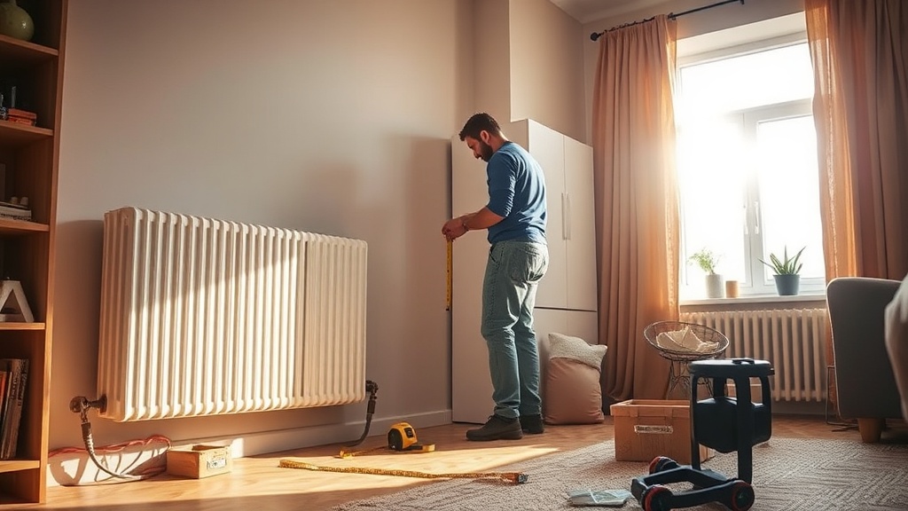 Handwerker misst den Abstand hinter einem Heizkörper in einer Mietwohnung, wichtig für Heizkörpernische dämmen und Materialwahl.
