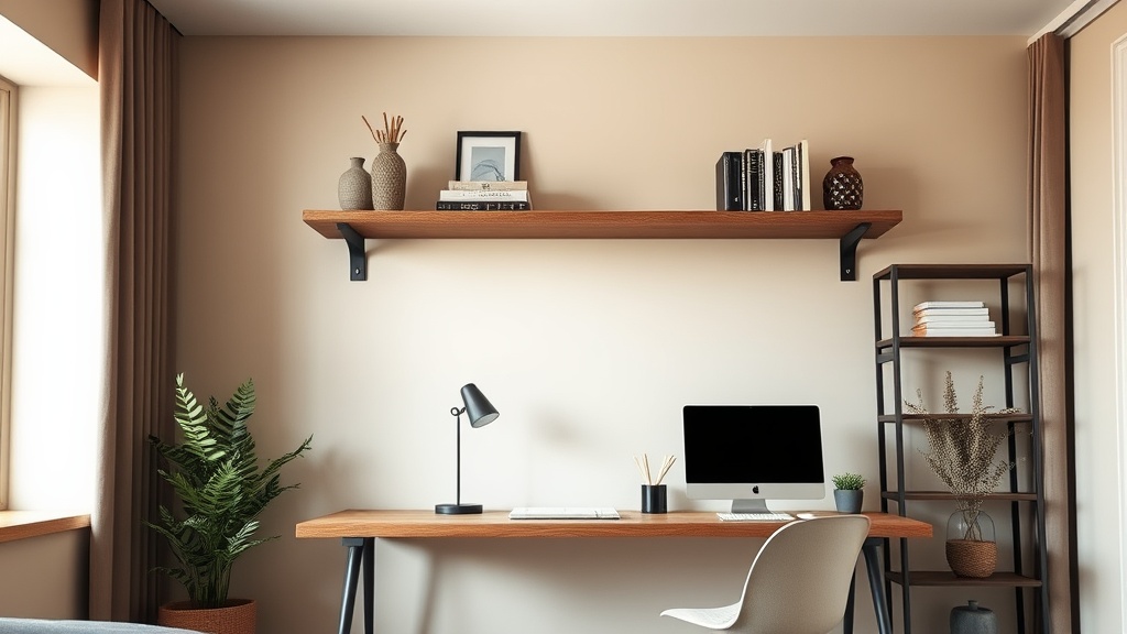 Modernes Home Office mit Eichen-Wandregal, Schreibtisch und ruhiger Wandgestaltung, passend zum Thema Wandregal befestigen.