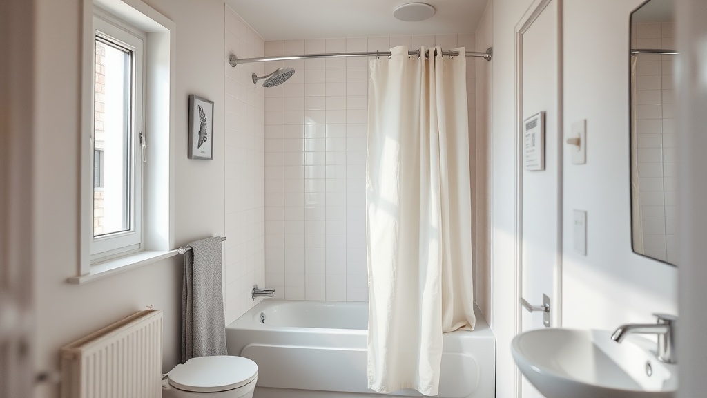 Badewanne mit hellem Duschvorhang und schmalem Grundriss in einer Mietwohnung als günstige Lösung für Spritzschutz im Bad.