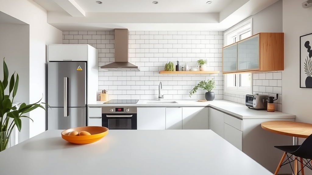Moderne deutsche Küche mit weißer Küchenrückwand, heller Arbeitsplatte und sauberem Küchenspiegel als Spritzschutz Küche