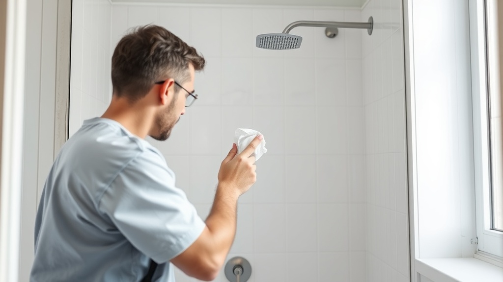 Handwerker glättet frische Silikonfuge in einer Dusche, Schritt für Schritt Badfugen selbst erneuern mit Sanitärsilikon.