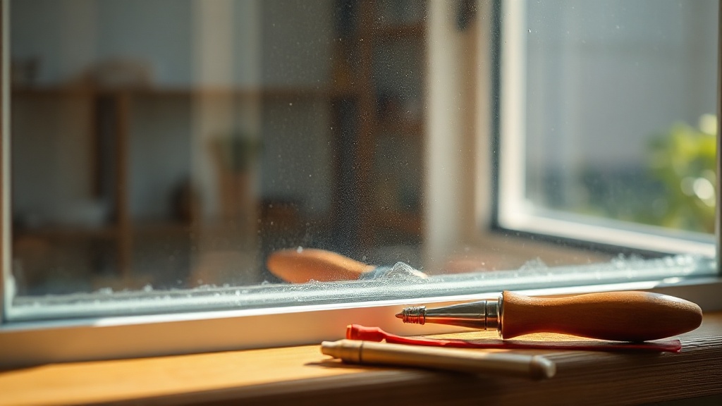 Werkzeug, Dichtband und Bürstendichtung auf einer Fensterbank als Vorbereitung zum Rollladenkasten abdichten im Altbau.