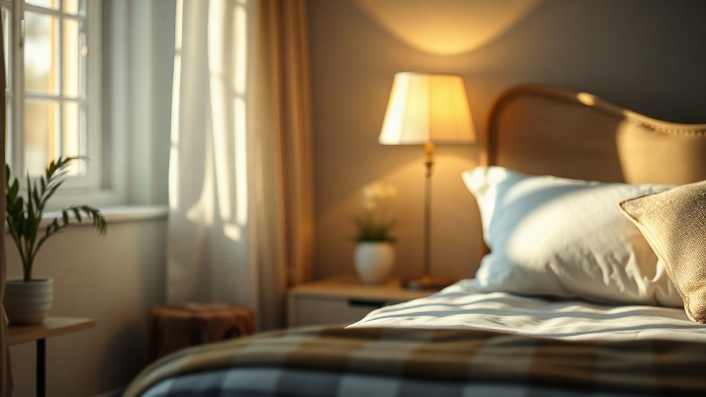 Nachttisch mit warmer Leselampe in einem kleinen Schlafzimmer, passend zur Planung von Beleuchtung und Stauraum in Mietwohnungen