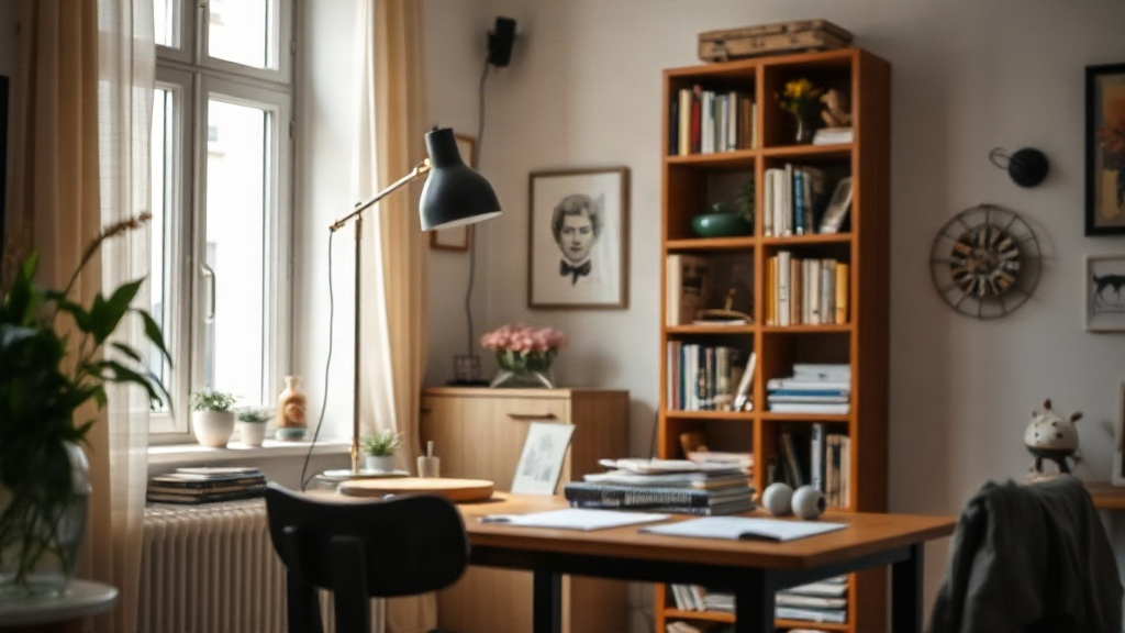 Stehleuchte neben einem kompakten Arbeitsplatz in einer Mietwohnung, geeignet für flexible Arbeitszimmer Beleuchtung ohne Umbau.