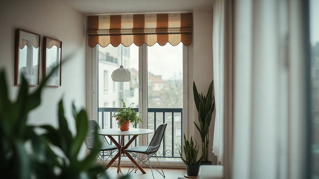 Überdachter Balkon mit Klemmmarkise, seitlichem Sichtschutz und kompakten Möbeln für einen kleinen Balkon in der Mietwohnung.