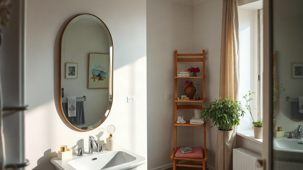Nahaufnahme einer sauberen Badspiegel Montage über dem Waschtisch mit Fliesenwand und dezenter LED Beleuchtung im Badezimmer