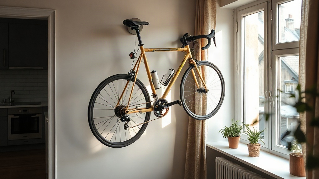 Wandmontierter Fahrradhalter mit Schutzplatte in einer kleinen Wohnung, geeignet für Fahrrad Wandhalter und Ordnung im Flur.